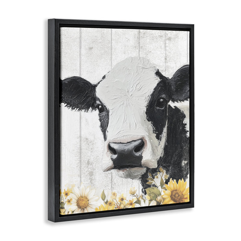 Cadre flottant vache et tournesols, design par Christine Simpson Art, Cadre flottant noir de jais, H 31 po x l 25 po