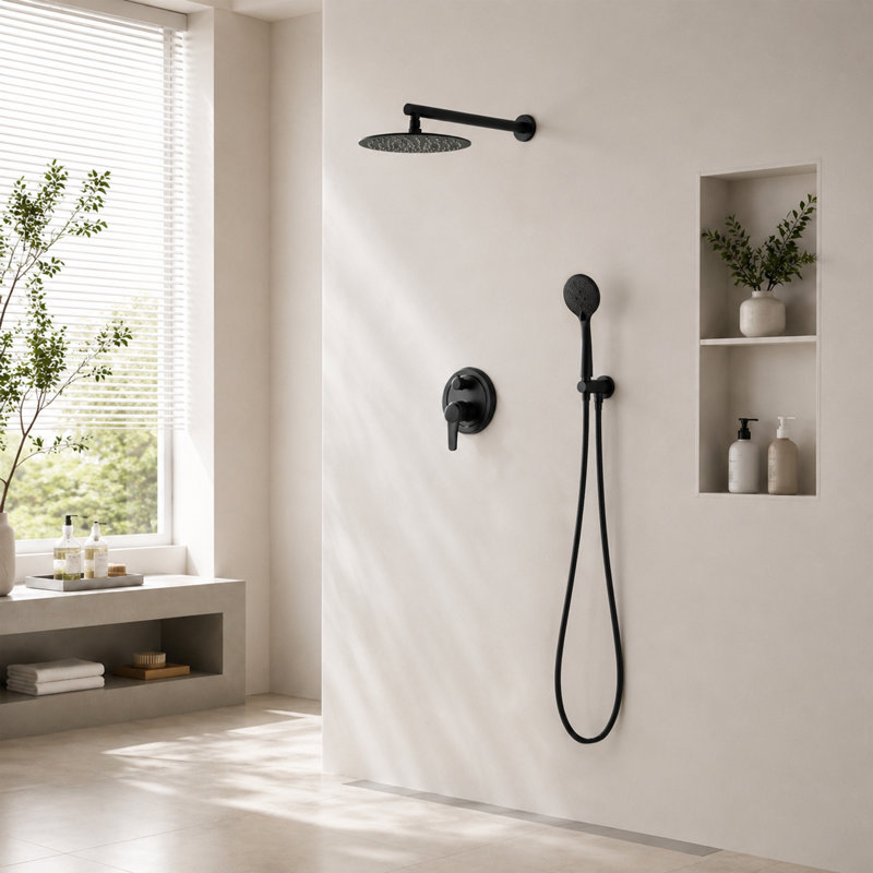 2-Function Shower Faucet Set with 10 in. Round Slim Rain Shower Head and 5-Spray Hand Shower, Matte Black