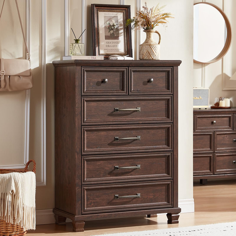 Farmhouse 6 Drawer Dresser for Bedroom, 45 Inch Tall Vintage Wood Chest of Drawers, Mid-Century Dressers w/Square Wooden Legs, Rustic Storage Organizer for Living Room, Hallway (Walnut)