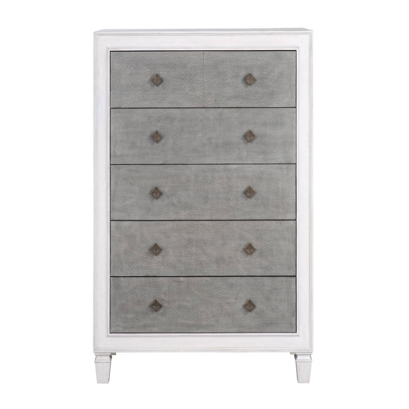 Commode 5 tiroirs Katia en gris rustique et blanc vieilli