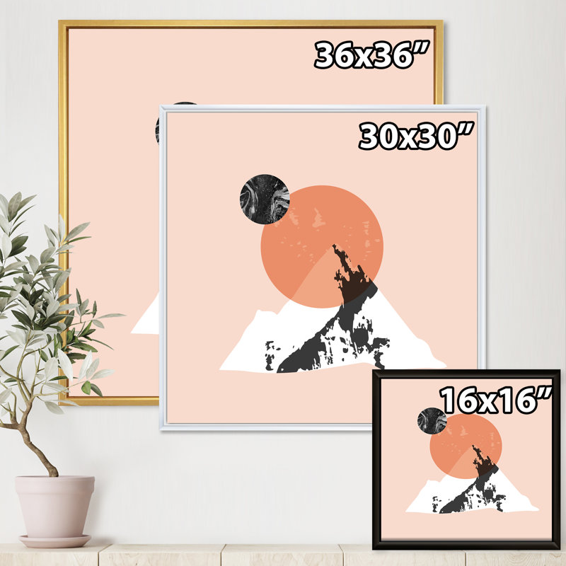 «Modern Minimalist Mountain Sun and Moon - Floater Frame», reproduction d'art sur toile, H 16 po x l 16 po x P 1 po