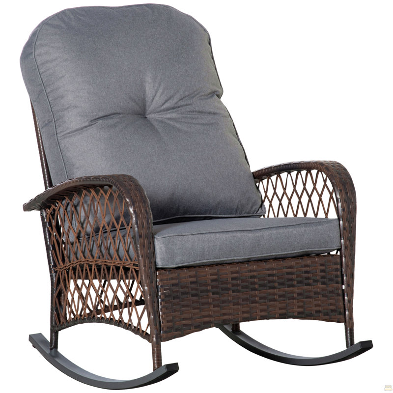 Chaise berçante d'extérieur en osier à assise large, coussin épais et moelleux