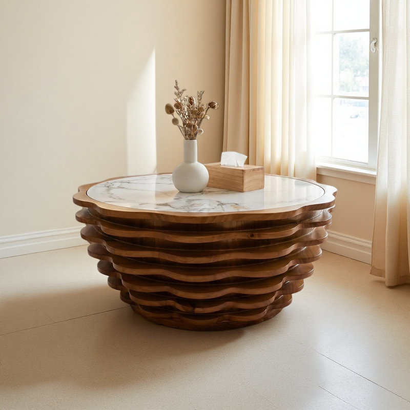 La table basse ronde de 32,1 po, la table basse moderne en forme de fleur, les plateaux de table en pierre avec des motifs de marbre uniques sont idéaux pour le salon, le café et le bureau.
