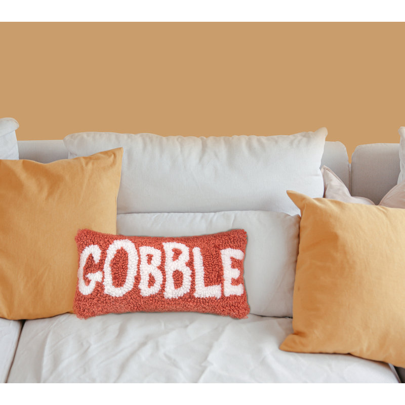 Gobble Script Orange and White Hooked Accent Pillow