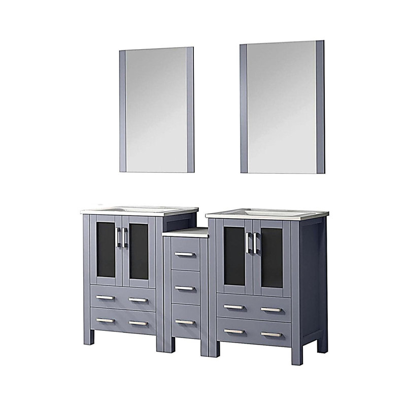 Meuble-lavabo double avec armoire latérale, comptoir en céramique blanche et miroir, 72"