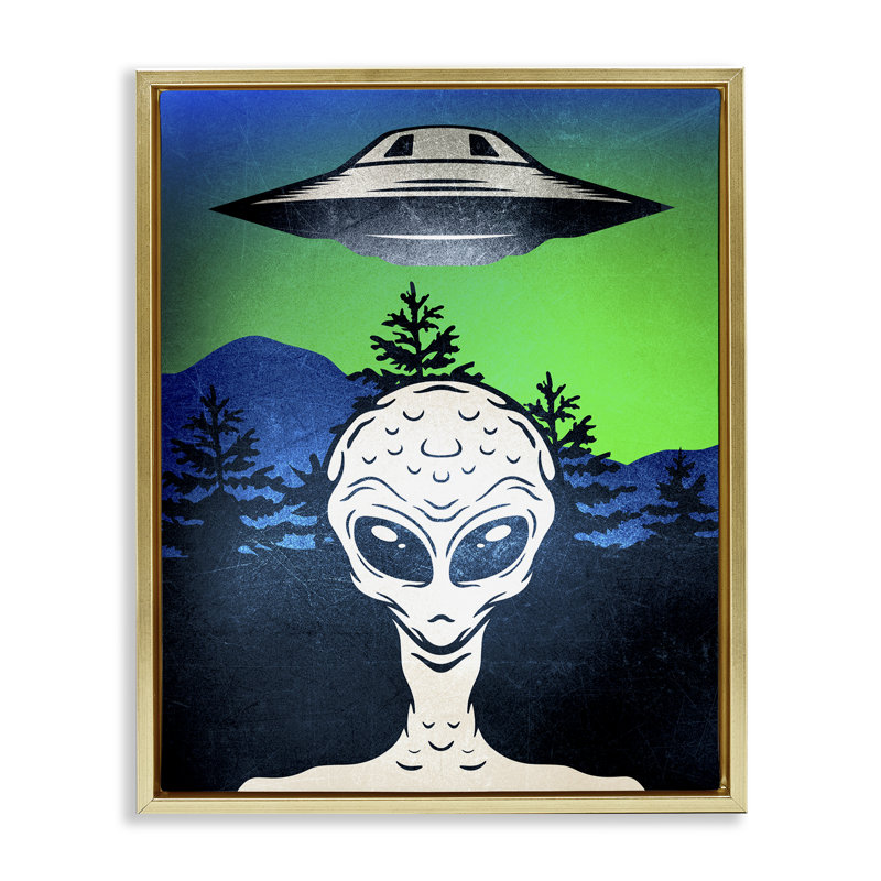 Cadre flottant Alien and UFO Scene, design par Kim Allen, H 31 po x l 25 po, Cadre flottant métallique doré