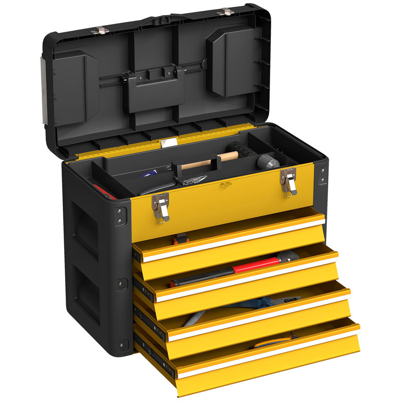 HOMCOM 4 Drawers Large Tool Box Powder Coated, Yellow