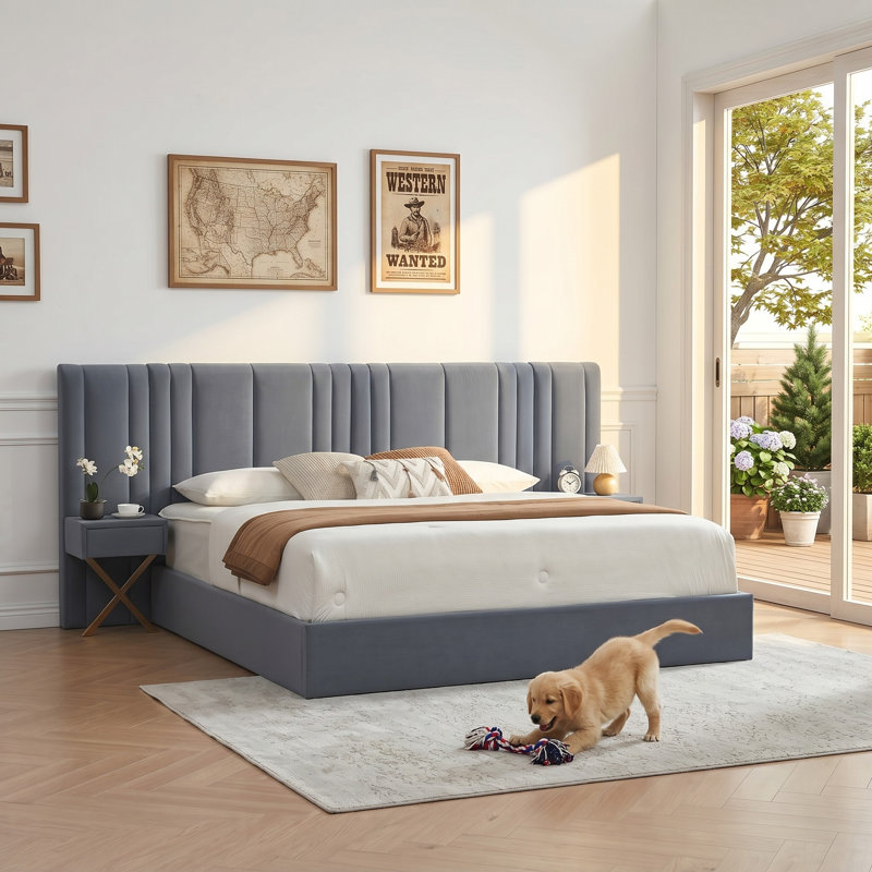 Lit plateforme de rangement capitonné en velours gris, style contemporain glamour, taille King, Très grand lit, Gris