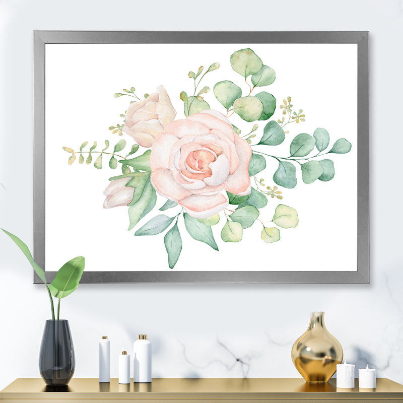 Bouquet de fleurs de rose et d'eucalyptus - Peinture sur toile, H 24 po x l 32 po x P 1 po, Cadre photo argenté