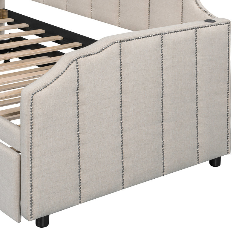 Lit de jour rembourré Vickey avec couchette escamotable et ports de chargement USB, beige, Beige