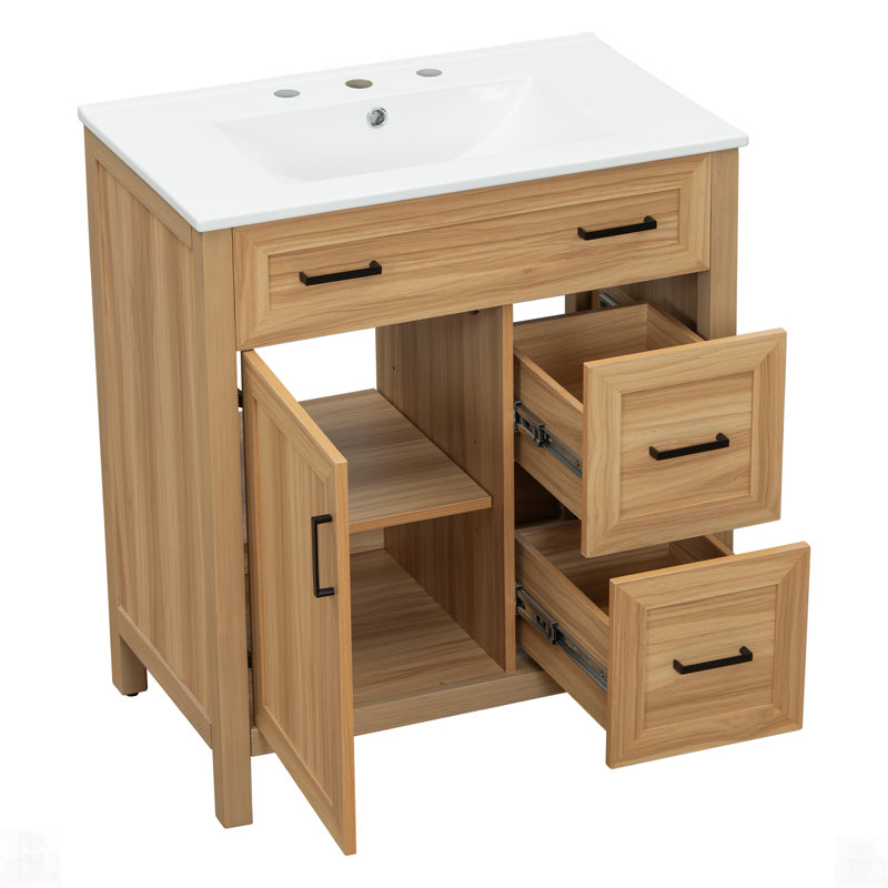 Meuble-lavabo en bois avec cadre solide, portes et tiroirs à fermeture en douceur, tablette réglable, armoire de rangement moderne