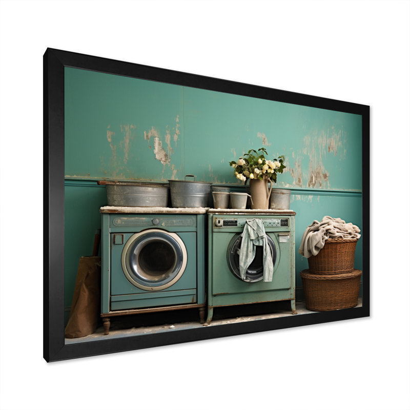 Turquoise Vintage Laundry Room II - impression, H 24 po x l 32 po x P 1 po, Cadre photo noir