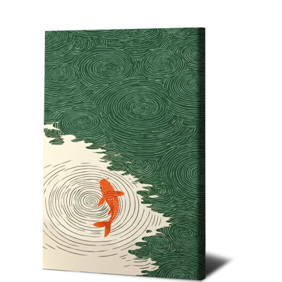 1 pièce, art mural sur toile, art japonais moderne sur toile de style koi orange et motif de vagues vertes, décoration zen pour le salon, la chambre à coucher, le bureau, la décoration intérieure, une impression abstraite et minimaliste, prête à être accrochée