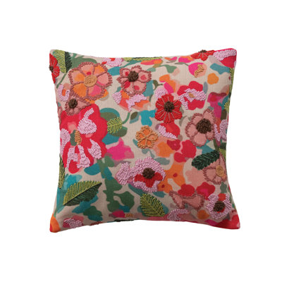 Cotton Printed Pillow With Flowers And Embroidery