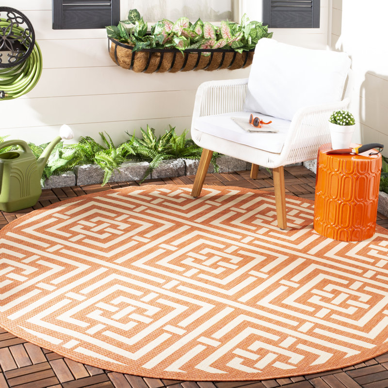 Tapis d'intérieur / extérieur à motif géométrique terre cuite / crème Arneshia, Rond 5 pi 3 po