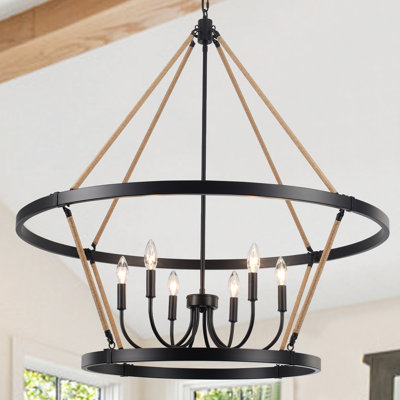 6 - Light 38-Inch 2-Tiers Dimmable Candle Style Wagon Wheel Chandelier