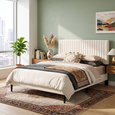 Upholstered Queen Size Platform Bed Frame No Box Spring Needed Beige