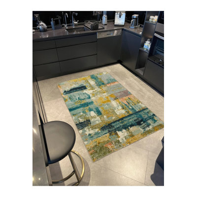 Yellow And Blue Pastel Painted Decorative Washable Carpet