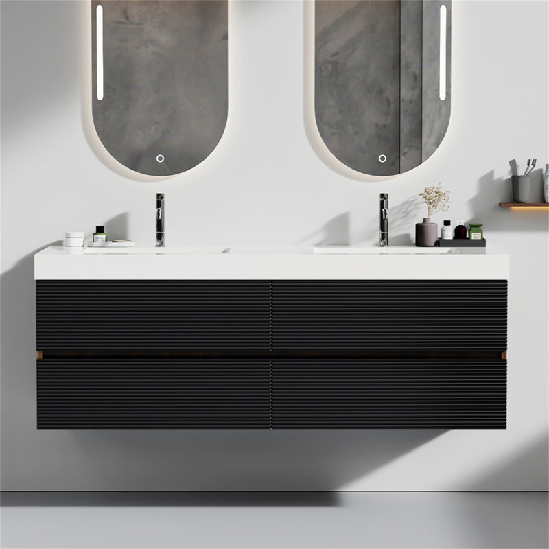 Meuble-lavabo 60 po en noyer avec lavabo à surface solide blanc brillant et tiroirs noirs doux, meuble-lavabo mural flottant pour salle de bain moderne