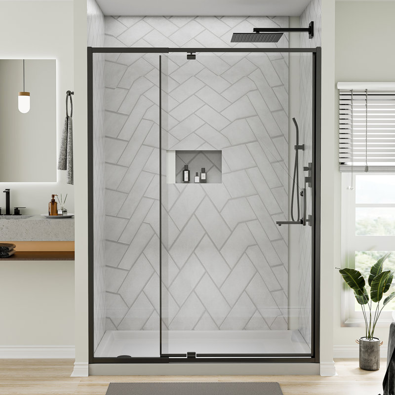 44-48" Wide X 71" High Pivot Semi-Frameless Shower Door With Clear Glass, Matte Black