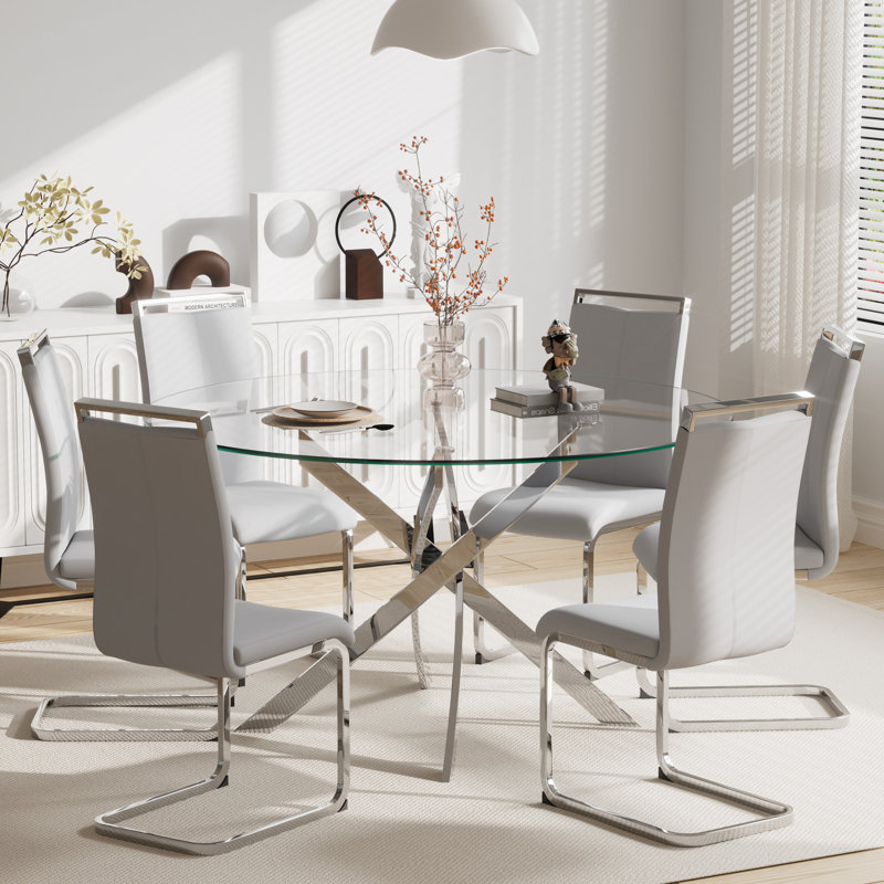 Ensemble de table de salle à manger 7 pièces, table ronde en verre trempé de 47 pouces et 6 chaises de salle à manger rembourrées.