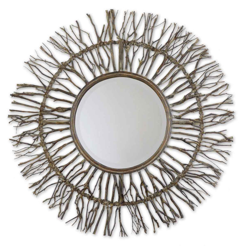 Josiah 38" Round Brown and Gray Birch Wood Mirror