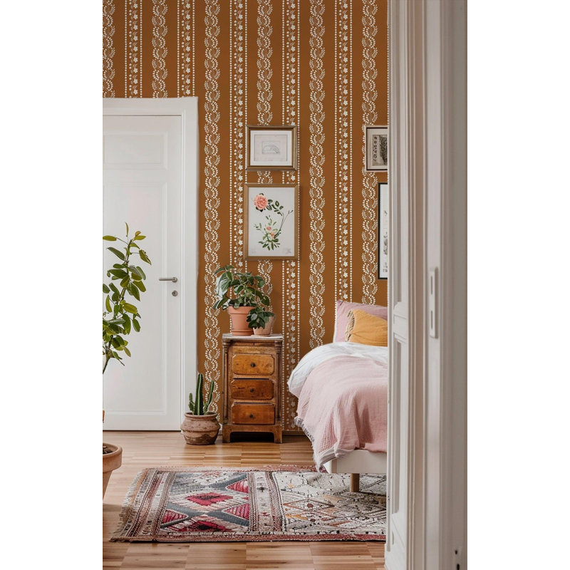Lady Charlotte Botanic Stripe 10' L x 24" W Peel and Stick Wallpaper Roll, Terracotta, Faux Grasscloth, Non-pasted