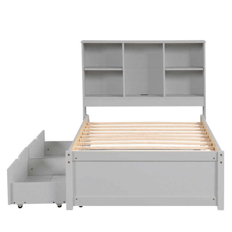 Lit simple avec rangement et tiroir, tête de lit et port de style moderne gris, espace, Gris