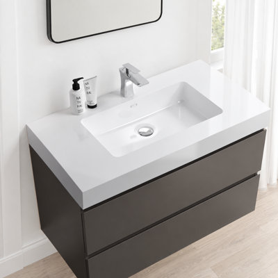 Meuble-lavabo suspendu gris moderne de 91 cm (36 po) avec lavabo blanc intégré et 2 tiroirs de rangement, fixé au mur et entièrement assemblé.