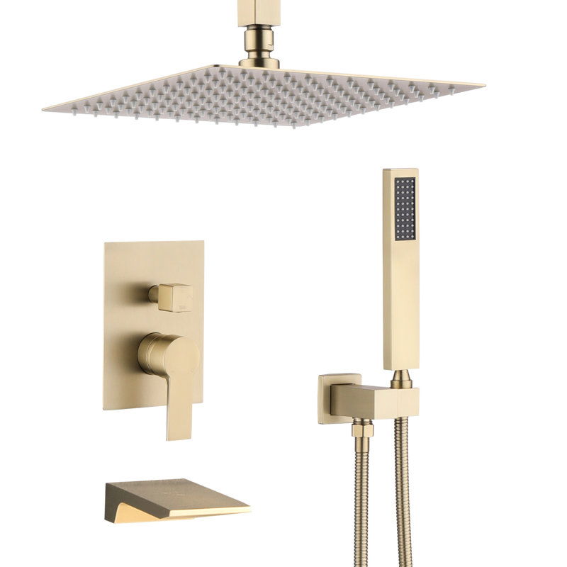 Système de douche 10 pouces, robinet de pluie qui fusionne, acier inoxydable doré brossé, équilibré, 3 échangeurs, ensemble de fusion mural, modificateur,