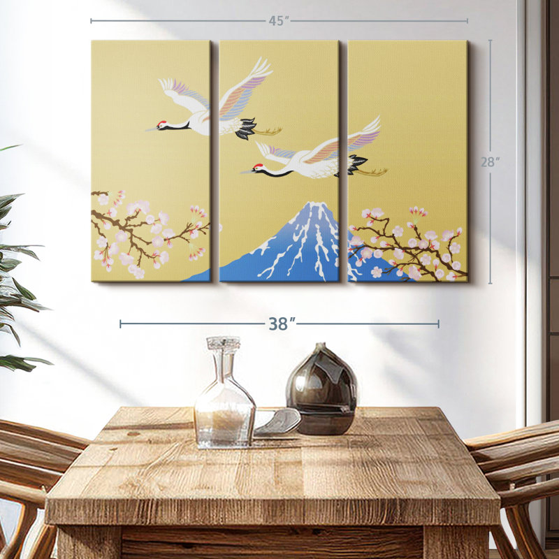 "Grues japonaises sur le mont Fuji" sur toile, H 28 po x l 45 po x P 1,25 po