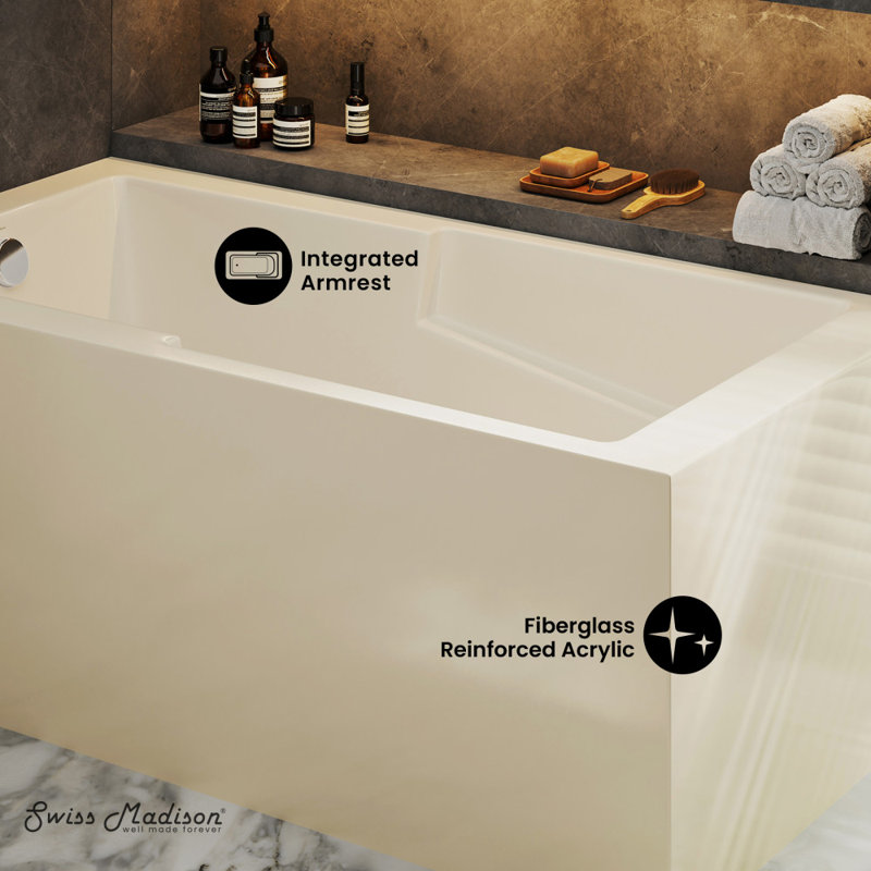 Baignoire d'angle Voltaire 60 x 32 avec tablier et bonde à gauche, couleur biscuit brillant, Bisque brillante, Gauche