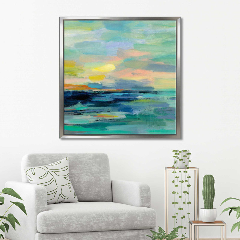 Pacific Beach II - peinture, Cadre flottant argent, H 21,5 po x l 21,5 po x P 2 po