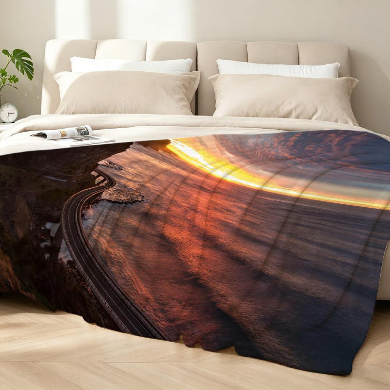 Jeté transparent en flanelle de polaire ultra douce, Sea Bridge Sunrise avec imprimé recto, Simple 60 po x 80 po