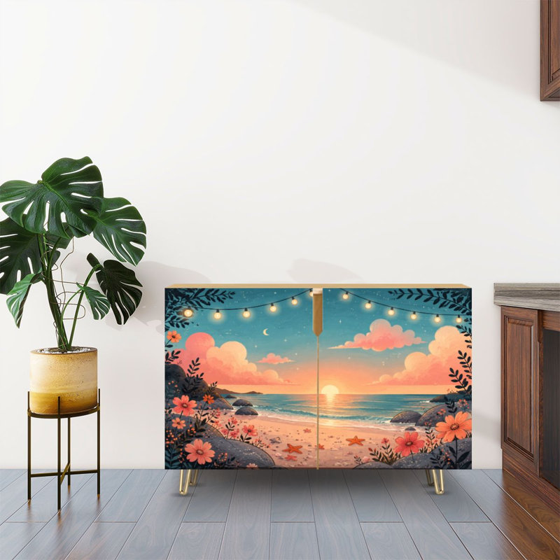 Buffet Buffet avec rangement Sunset Beach Scene Étoile de mer Fleurs suspendues avec 2 portes pour le salon et la cuisine