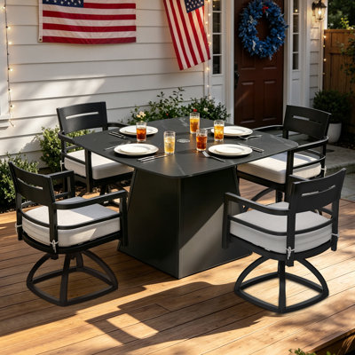 Black 5-piece Aluminum Rounded Square Outdoor Dining Set With Sunbrella Cast Silver Cushions And 4 Swivel Rocker