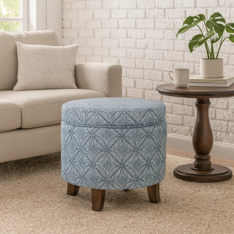 Repose-pieds rond avec rangement Loni, motif bleu indigo 19 pouces, brun noyer