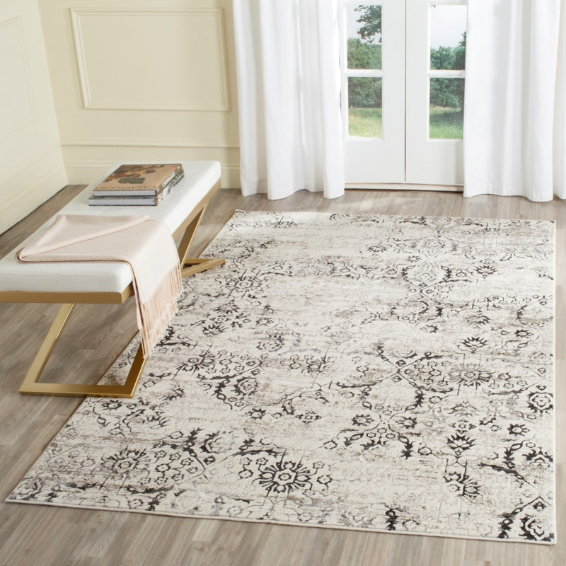 Florence-Graham Pp Viscose Cotton Weft + Warp Latex Floral Rug in Charcoal/Cream, Rectangle 5'1" x 7'6"