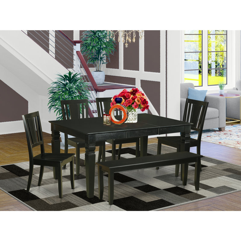 L'ensemble de table de salle à manger 6 pièces contient une table rectangulaire en bois avec feuille papillon et 4 chaises de salle à manger avec banc, noir