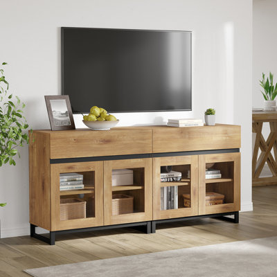 Modern TV Stand With Glass Doors For 70 Inch Tvs, 2 In 1 Entertainment Center Console With 2 Drawers And Metal Base For Living Room, Bedroom