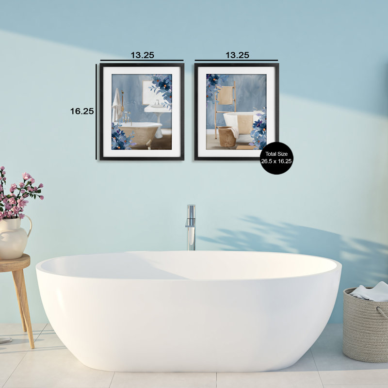 Ensemble de salle de bain sous-verre à motif floral d'intérieur 2 pièces, par Kim Allen, H 16 po x l 13 po, Cadre noir minuit