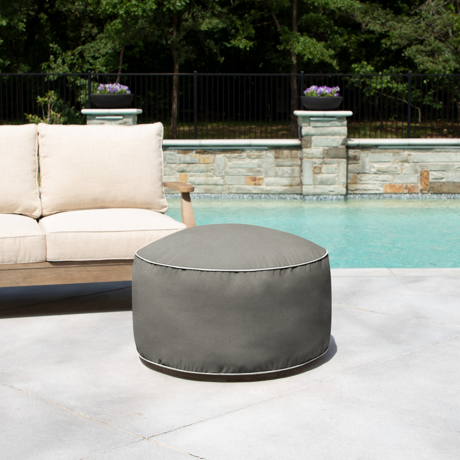Demi Round Upholstered Outdoor Ottoman with Sunbrella® Cushion, Canvas Charcoal/Canvas Natural Cord