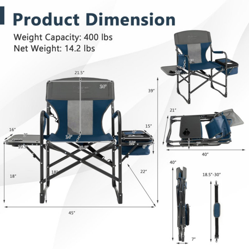 Chaise de réalisateur de camping pliante avec glacière et table d'appoint