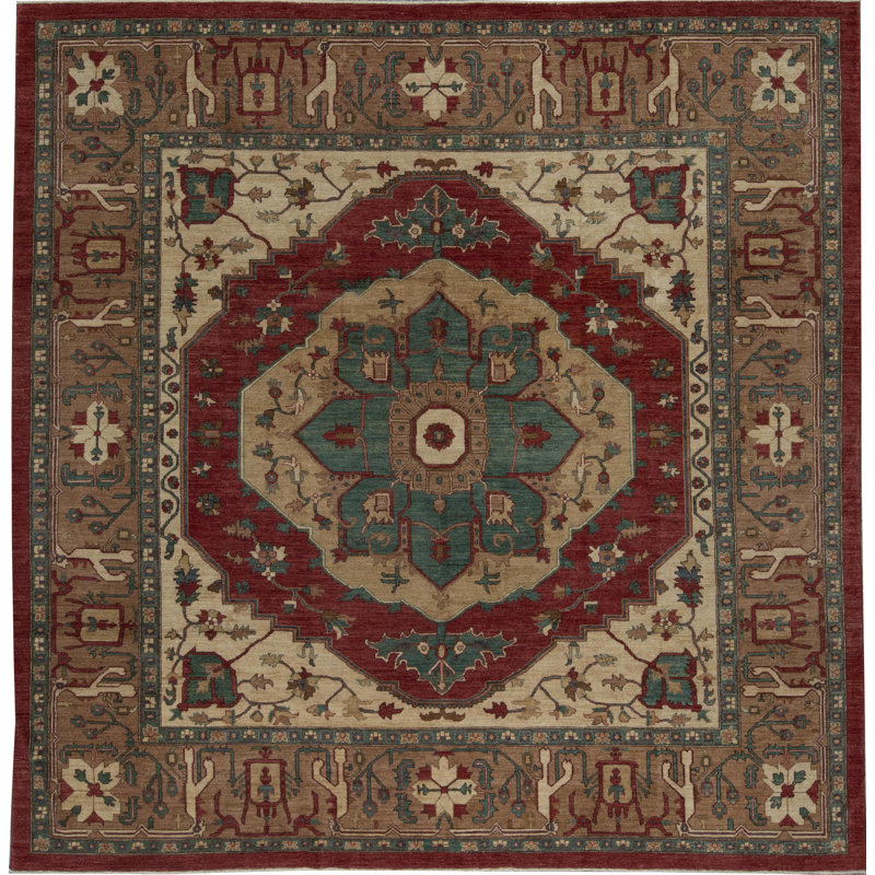 Tapis rouge et brun noué à la main de haute qualité