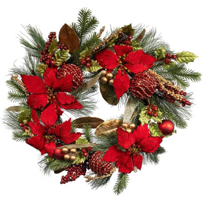Kurt Adler Unlit Christmas Wreath, Gold and Red Poinsettia, 24in