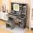 Makeup Vanity with Sliding LED Mirror, Charging Station, Glass-Top Display, Dual Cabinets and Stool-1435297403