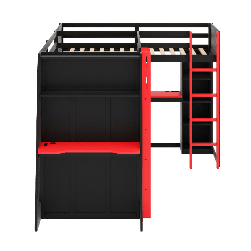 L-Shaped Wooden Gaming Bed Frame With RGB LED Lights, Black/Red