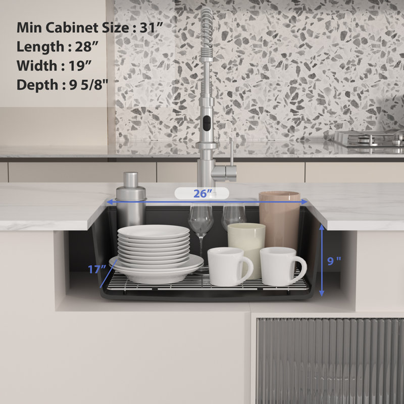 Quartz 28 x 19 Inch Undermount Granite Composite Kitchen Sink Workstation Sink Single Bowl Sink, Black