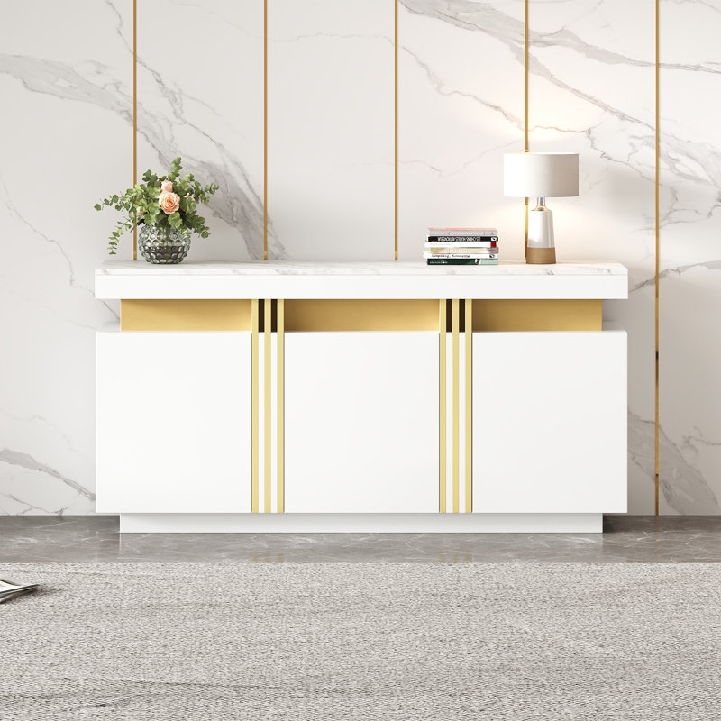 140cm Sideboard Faux Marble Top 3 Doors Buffet Storage Cabinet Credenza Cupboard Console Table Living Room Hallway Desk, Black+Gold