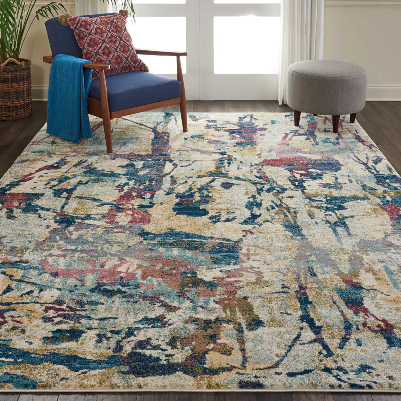 Tapis abstrait beige / bleu Dreya, Rectangle 9 pi 6 po x 13 pi